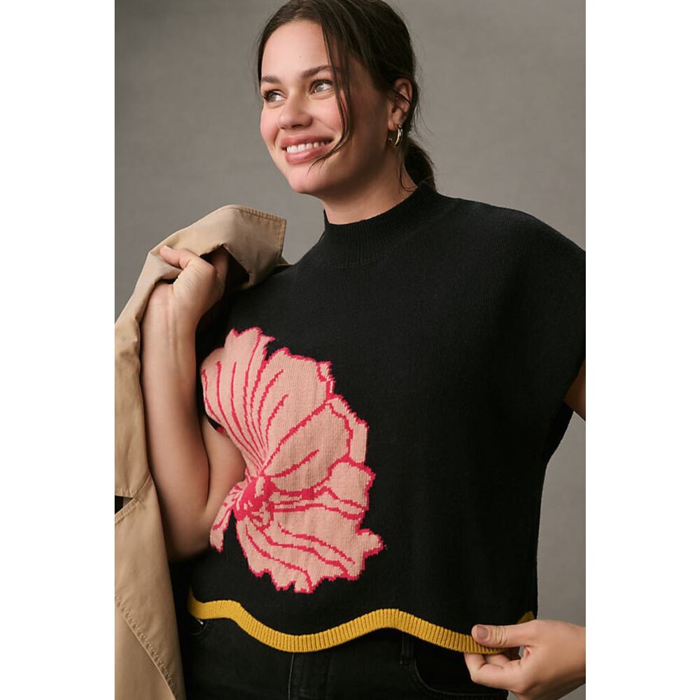 Sonal Nathwani Maeve Cap Sleeve Flower Sweater Vest Womens Size XL Black